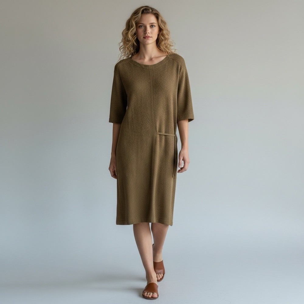 Humanoide Granola Girl Textured Minimalist Shift Knit Sweater Dress XS Khaki
